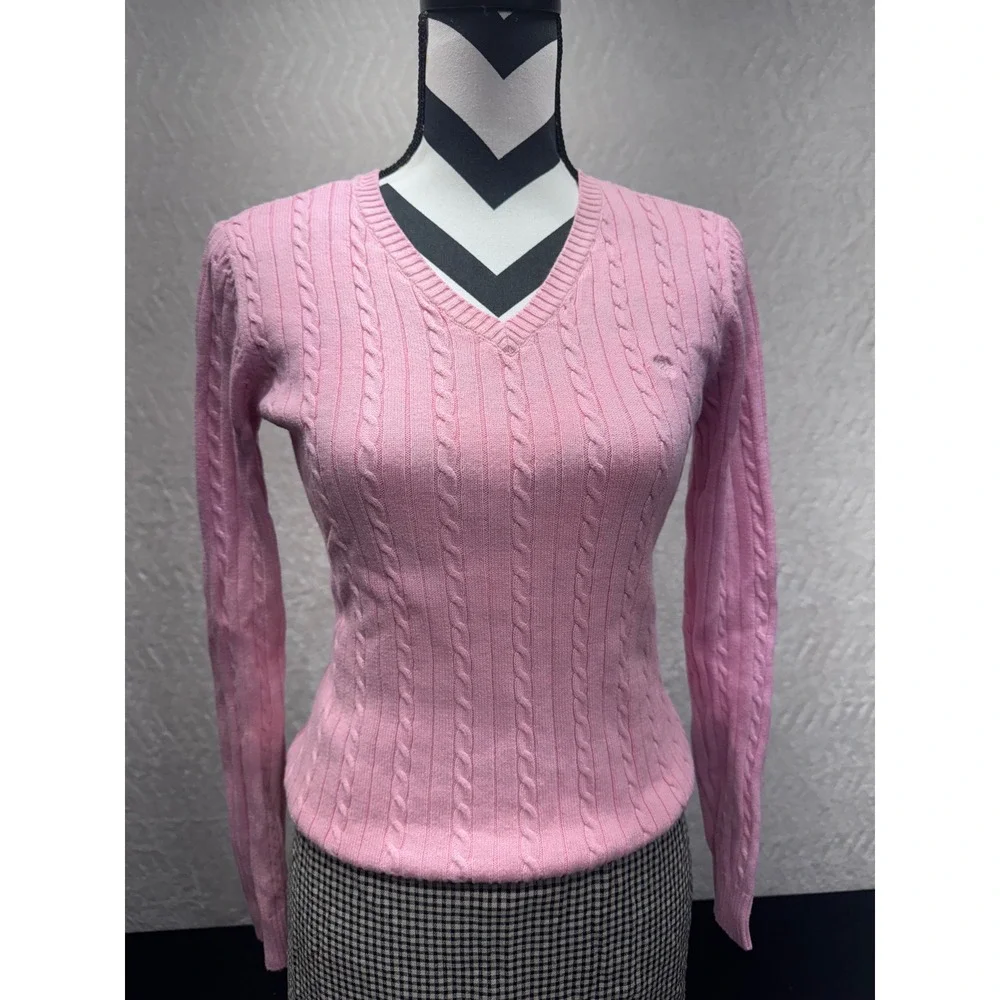 IZOD Womens Pink V-Neck Cable Knit 100% Cotton Sweater Size Small RN 36543